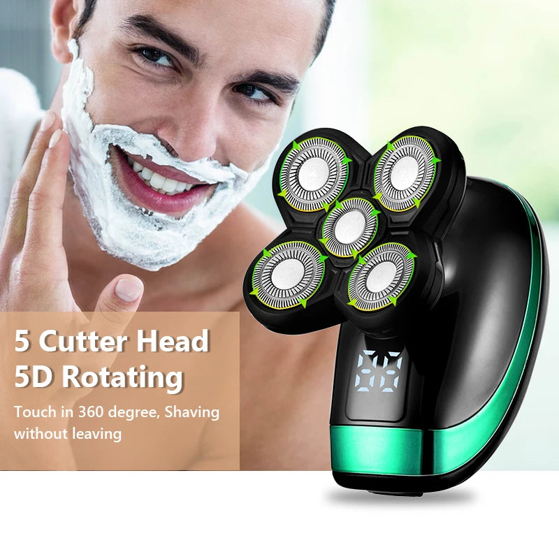 5 in 1 4D Men'S Rechargeable Bald Head Electric Shaver 5 Floating Heads Beard Nose Ear Hair Trimmer Razor Clipper Facial Brush